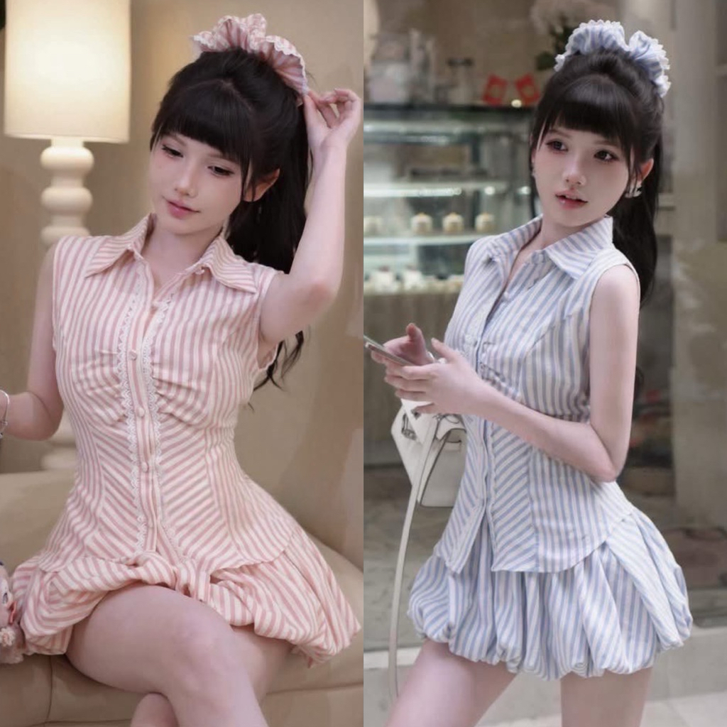 Teera❤️พร้อมส่ง✨3ชิ้น เสื้อ+กางเกง+ยางมัดผม คู่เซต แมชท์ลุคสไตล์ลูกคุณ สุดcute ผ้าลายริ้วเนื้อทอแบบดีเลยค่า goodluck