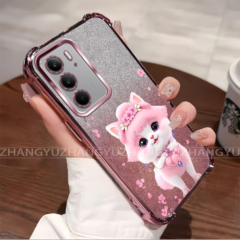 สําหรับRealme C75 C85 5G C75X C71 C73 C85 PRO Electroplatedกันกระแทกเคสโทรศัพท์ลายแมวน่ารักTPUนุ่มแขนป้องกันHM