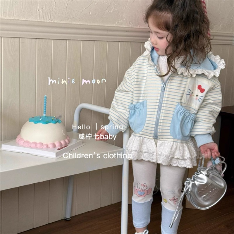 ฤดูใบไม้ผลิสไตล์เสื้อผ้าเด็กฤดูใบไม้ผลิสไตล์ใหม่เด็กผู้หญิงเด็กเกาหลีรุ่นการ์ตูนแมวลูกไม้ลายเสื้อแจ็คเก็ต เลกกิ้ง