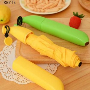 RBYTE ร่มรูปกล้วยตลก, ร่มพับผลไม้สร้างสรรค์สีทึบ 8 เส้น, กันแดดแบบพกพาน้ําหนักเบากันน้ําการ์ตูนเด็กร่มกลางแจ้ง