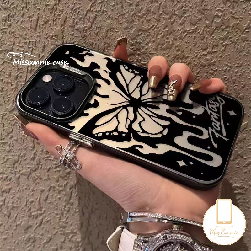 Creative Vintage Graffiti Dreamy ผีเสื้อสีดําสําหรับ IPhone 16 11 14 15 13 12 Pro Max 7Plus 7 16 8 Plus XR XS Max X SE ผีเสื้อสีม่วงหรูหราชุบโลหะปก
