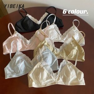 ชุดชั้นใน ผ้าซาติน แบบบาง ทรงสามเหลี่ยม แต่งลูกไม้ แบบเรียบง่าย สไตล์เกาหลี สําหรับผู้หญิง