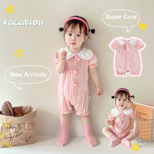 เด็กฤดูร้อน ชุด ผายลมเสื้อผ้า 0-24 เดือนทารกแรกเกิดบางระบายอากาศเด็กสาวเจ้าหญิงสีชมพูแขนสั้น ชุดรอมเปอร์ ปีนเขาเสื้อผ้า