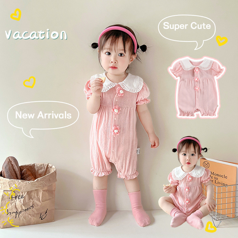 เด็กฤดูร้อน ชุด ผายลมเสื้อผ้า 0-24 เดือนทารกแรกเกิดบางระบายอากาศเด็กสาวเจ้าหญิงสีชมพูแขนสั้น ชุดรอมเปอร์ ปีนเขาเสื้อผ้า