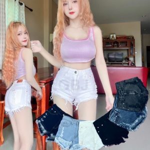 กางเกงยีนส์ขาสั้นเอวสูง สะกิดขาด ทรงสวย เซ็กซี่ (ผ้ายืด) เข้ารูป มี 6 สี