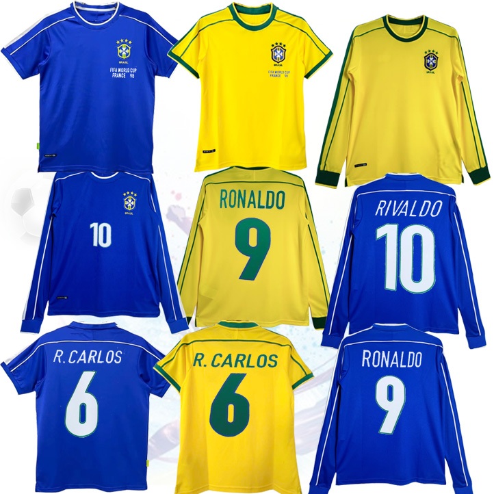 1998 Brazil Home Away แขนสั้นแขนยาว Retro Jersey 98 Ronaldo Little Lori Valdo เสื้อฟุตบอล