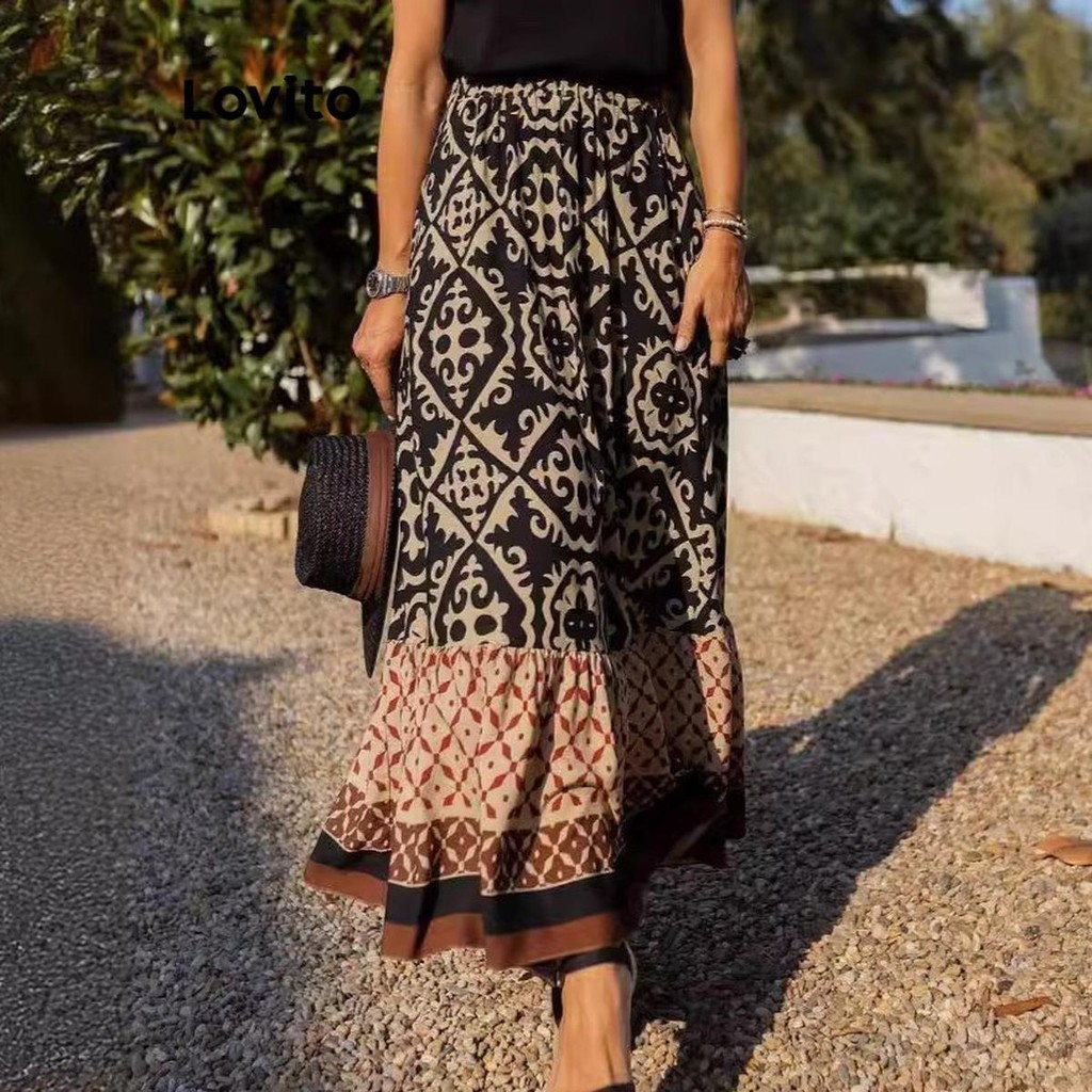 Lovito กระโปรงลําลอง ชนเผ่า พิมพ์ลาย ผูก ชั้น กระโปรงสําหรับผู้หญิง LNL72224