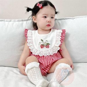 Laa6-ชุดรอมเปอร์สําหรับเด็กทารกผู้หญิงแขนกุดคอกลมสตรอเบอร์รี่เย็บปักถักร้อย Bowknot