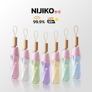 NIJIKO ร่มพับ 3 ตอน ด้ามไม้ สำหรับกันแดดและฝน ร่มกันแดดเคลือบสี ป้องกัน UV99.8% UPF 50+