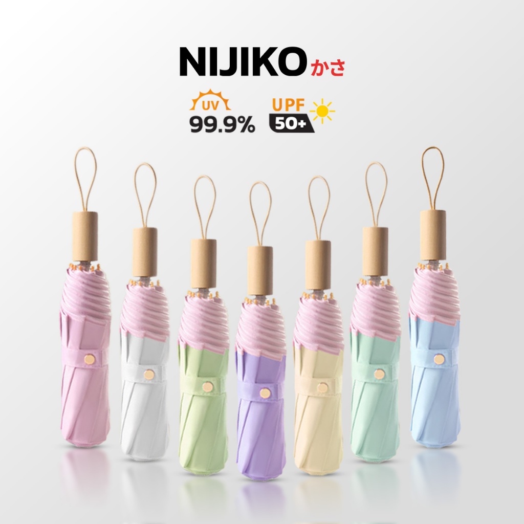 NIJIKO ร่มพับ 3 ตอน ด้ามไม้ สำหรับกันแดดและฝน ร่มกันแดดเคลือบสี ป้องกัน UV99.8% UPF 50+