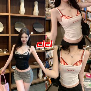 ส่งทันที Cici (NO. 3179) set 2 ชิ้น บราลายตาราง สายปรับได้ มีฟองน้ำ หลังสม็อกยางยืด+เสื้อสายเดียวแต่งโบว์ ตัวจิ๋ว