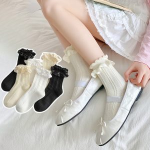 น่ารัก สาวถุงเท้าสตรีโลลิต้าสไตล์สีดําสีขาวสีเบจนัวเนียถุงเท้าตาข่ายบางลูกไม้หวานแฟชั่นโลลิต้าน่ารักถุงเท้า