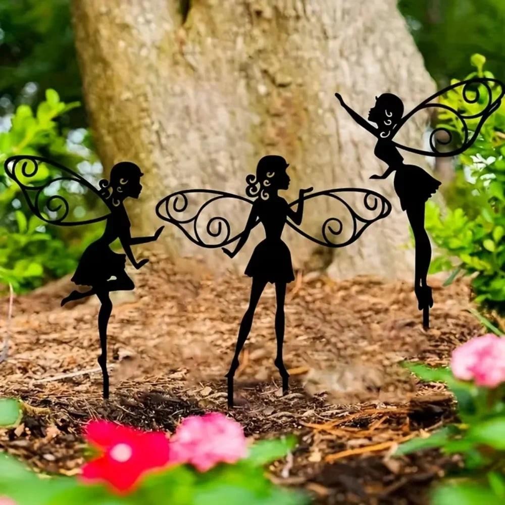 3 ชิ้นโลหะดอกไม้ Fairy Silhouette Garden Landmarks ตกแต่ง Fairy ประติมากรรมสําหรับสวนประเทศกลางแจ้ง Patio สนามหญ้า Art