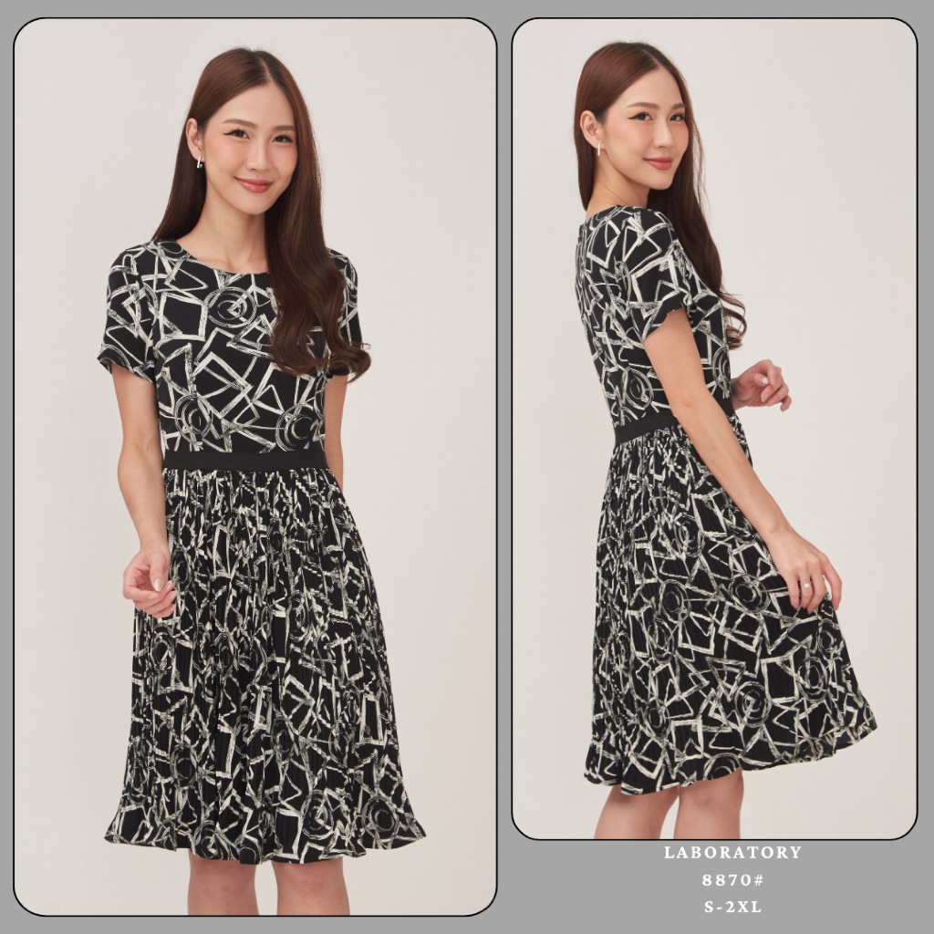Laboratory 8870# เดรสผ้าพิมพ์ลาย กระโปรงอัดพรีท ไซส์ S-2Xl