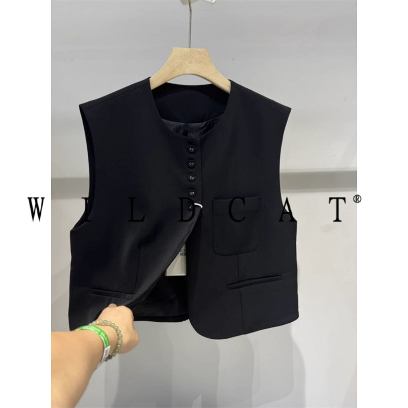 คอกลมกระดุมแถวเดียวเสื้อสูทสั้นผู้หญิงฤดูใบไม้ผลิฤดูใบไม้ร่วงสินค้ายุโรปแฟชั่นการออกแบบย้อนยุคซอกเสื้อกั๊ก