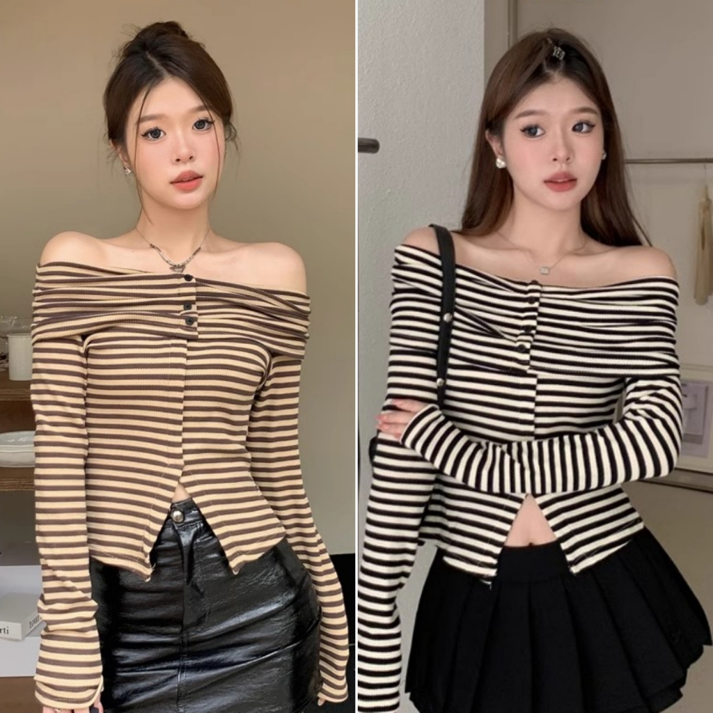 cherryshop พร้อมส่ง เสื้อยืดแขนยาวผู้หญิง เสื้อเปิดไหล่ สลิม เกาหลีมาก สาวฮอตอ เปิดไหล่ รับผู้หญิง เซ็กซี่