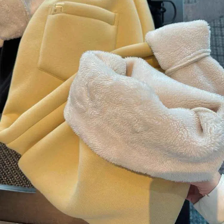 ขนแกะเนื้อแกะกางเกงวอร์มลําลองผู้หญิงใหม่ฤดูใบไม้ร่วงฤดูหนาวหนาบวกขนแกะพวงหลวมขาตรงกางเกงขายาวขากว้าง Wide Leg Long Pants