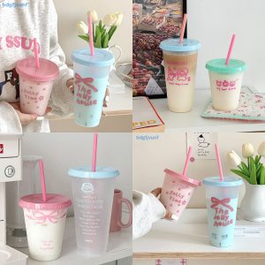 Bdgf 1PC Ins แบบพกพานํากลับมาใช้ใหม่ดื่มขวด Kawaii ขวดน้ําสําหรับกาแฟน้ําผลไม้นมชาน่ารักพลาสติกถ้วยเย็นพร้อมฝาปิดฟาง TH