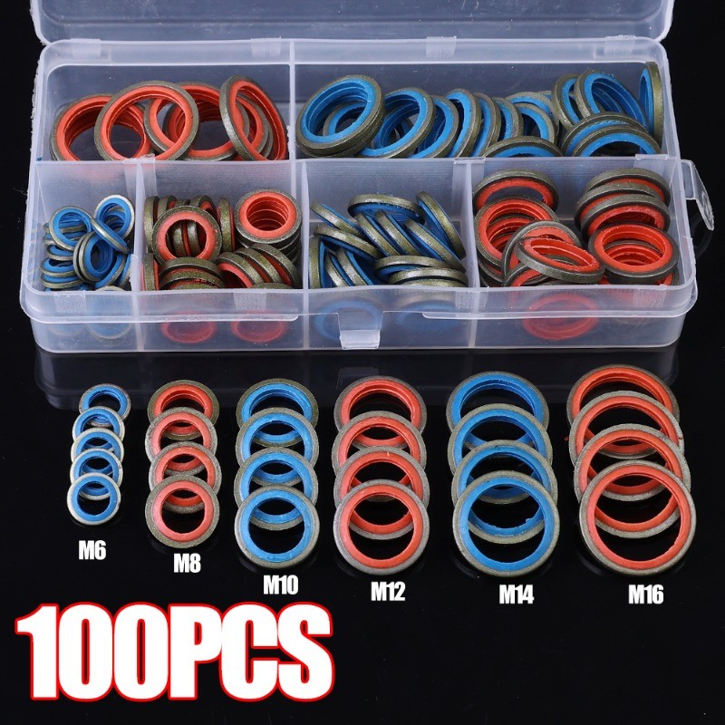 100 ชิ้น/กล่องปะเก็นปลั๊กระบายน้ํา M6/M8/M10/M12/M14/M16 ข้อมูลจําเพาะรวมแหวนปิดผนึกชุด-ยางคุณภาพสูงโลหะรถน้ํามันท่อระบายน้ําชุดปะเก็นรวมกัน