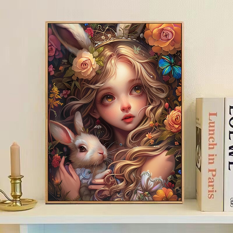 【ORFON】40×50cm ระบายสีตามตัวเลข/ภาพวาด/ภาพวาดผ้าใบ/เด็กผู้หญิงและกระต่าย/ของขวัญ diy/ภาพแต่งห้อง