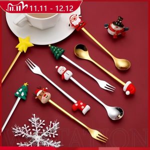 น่ารักคริสต์มาสซานตาเอลค์จับช้อน/ด้ามขัดเงาทัพพีกาแฟ/ส้อมสลัดผลไม้สแตนเลส/งานเลี้ยงอาหารค่ําช้อนส้อม/ขนมเรียบขุดตัก