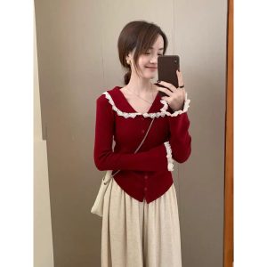 ฤดูใบไม้ร่วงและฤดูหนาวความรู้สึกของการออกแบบเสื้อคาร์ดิแกนถักลูกไม้ผู้หญิงสไตล์ใหม่เกาหลีคอตุ๊กตาอารมณ์บางแขนยาวผ้าฟลีซถักด้านนอกปิดโอ้ qyw5