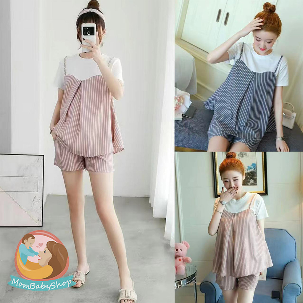 ชุดตั้งครรภ์สำหรับฤดูร้อน ดีไซน์ลายทาง กางเกงขาใหญ่