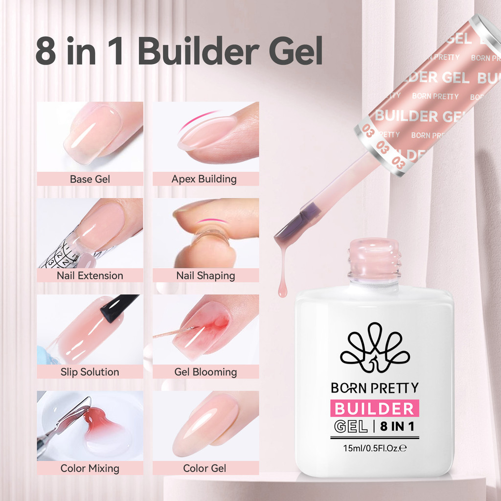 Born PRETTY 8 in 1 กาวติดเล็บ Solid Soft Gel Tips กาวยางฐาน Rhinestone Gel Polish Nail Strengthener