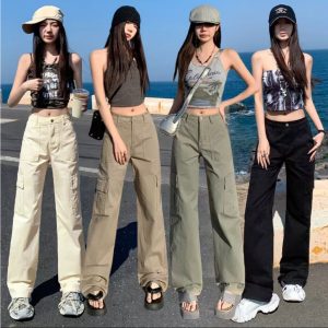 กางเกงยีนคาร์โกยาว ทรงกระบอกยาว6กระเป๋า กางเกงยีนส์ยาว