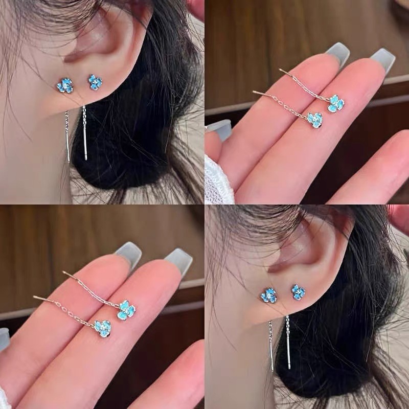 แฟชั่น ส925 เงินชุบดอกไม้สีฟ้าห้อยหูลวดต่างหูเครื่องประดับอุปกรณ์เสริม