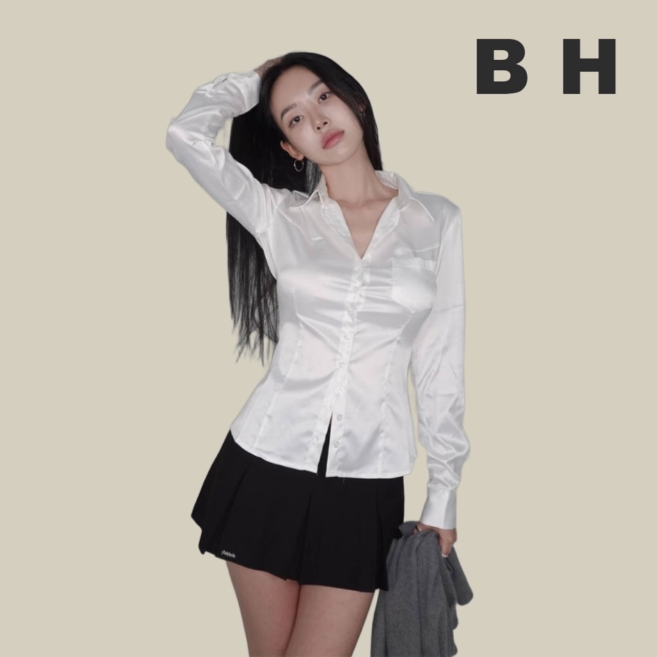 ขเสื้อเชิ้ตผ้าซาตินสีทึบผู้หญิงสไตล์เกาหลี คอปกโปโลแขนยาวเอวเข้ารูป