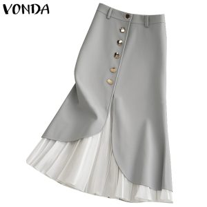 Vonda ผู้หญิงเกาหลีปุ่มเอวสูงหรูหราตกแต่ง Contrast Splicing Oversirt