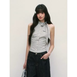 weekendhub| พร้อมส่งpre-order ✒️plaid halter sleeveless เสื้อคล้องคอ ลายตาราง (ใช้โค้ดลด20-25%) จากช็อปแท้