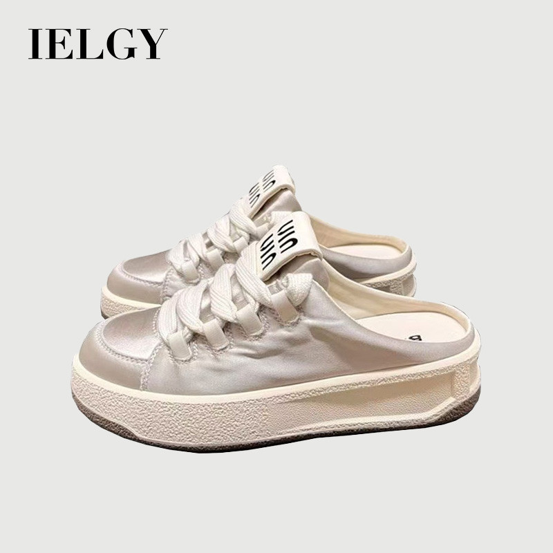 IELGY 2025 ฤดูใบไม้ร่วงหนา soled รองเท้าแตะครึ่งสําหรับผู้หญิง Lace-up ซาตินอเนกประสงค์กีฬารองเท้าผ้าใบ