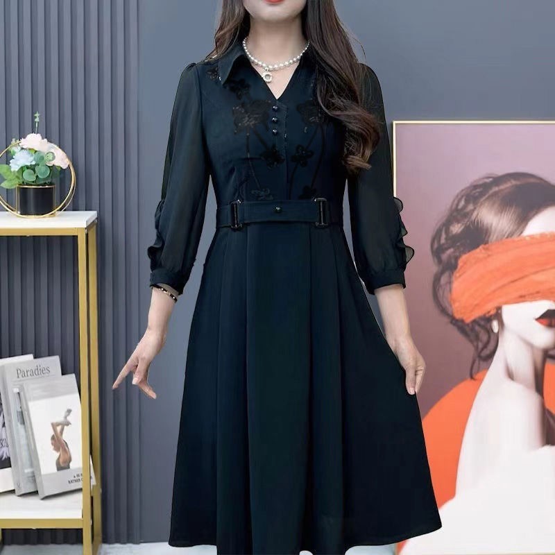 ชุดสตรีฤดูใบไม้ผลิและฤดูใบไม้ร่วงใหม่สีทึบขนาดใหญ่สามไตรมาสแขนอารมณ์เอวควบคุม Slimming กลางความยาว sequined A-Line ชุด