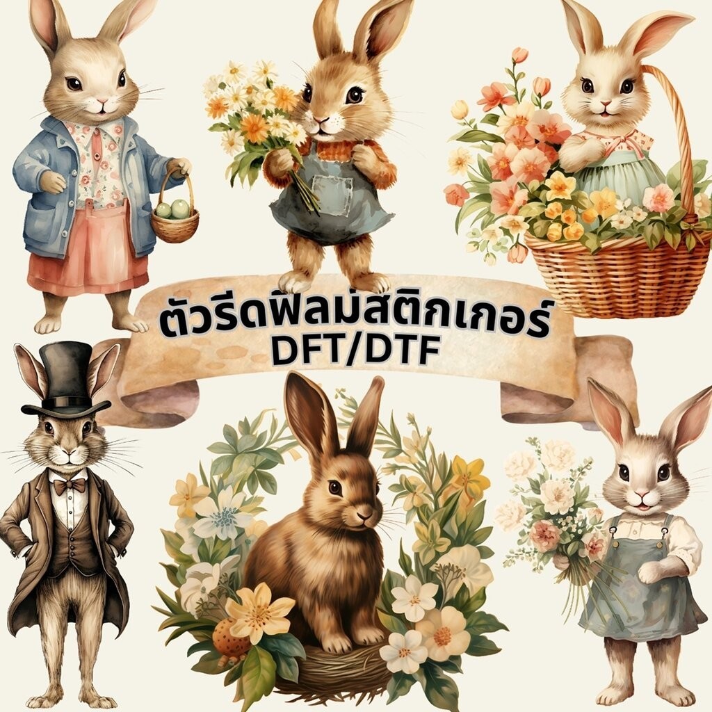 ตัวรีดติดเสื้อ กระต่าย วินเทจ ฟิลม์รีดร้อน พิมพ์ลาย สติกเกอร์รีดติดเสื้อ สกรีนลาย ฟิลม์ DFT DTF