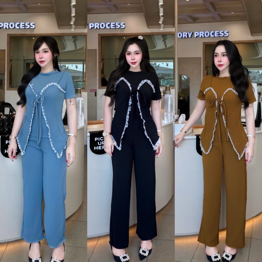 ชุดเซตยาวผ้าวูลเวฟ เสื้อแขนสั้นแต่งสายเดี่ยวระบายลูกไม้ผูกโบว์หน้า+กางเกงเอวเรียบมีกระเป๋า A4918