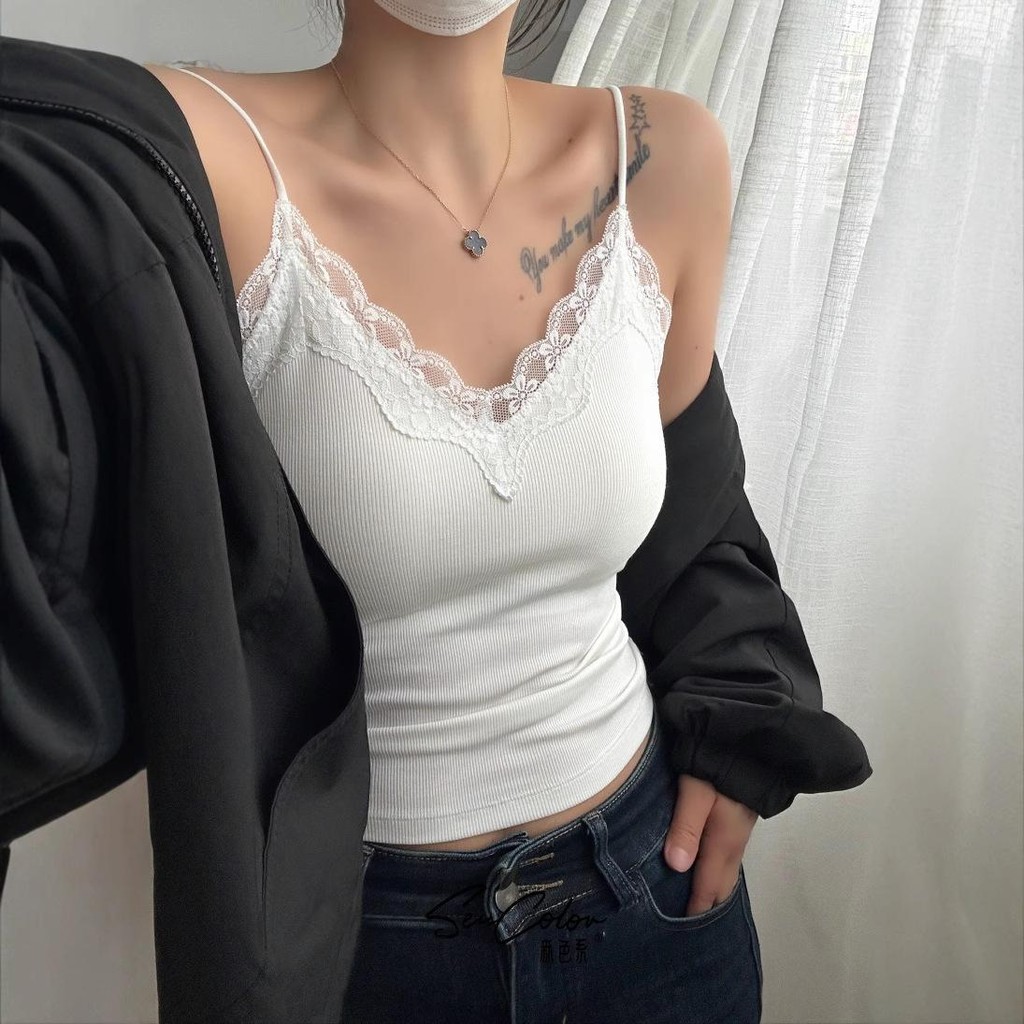 2035 เสื้อสายเดี่ยวมีบราในตัว ลายลูกไม้ ใส่สบาย ไปได้ทุกโอกาส Built-in Bra camisole