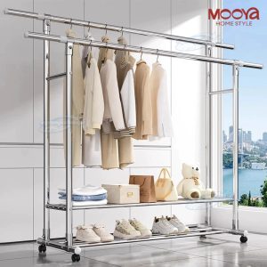 ราวตากผ้าสแตนเลส 304 บาร์คู่/บาร์เดียว ยืดหดได้+มีล้อเลื่อน ราวแขวนเสื้อผ้า รับน้ำหนัก 100 กก.