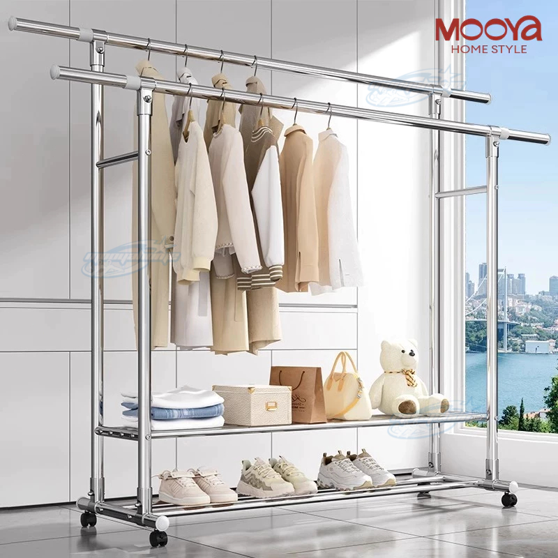 ราวตากผ้าสแตนเลส 304 บาร์คู่/บาร์เดียว ยืดหดได้+มีล้อเลื่อน ราวแขวนเสื้อผ้า รับน้ำหนัก 100 กก.