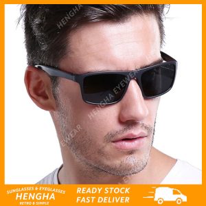 (HENGHA) แว่นกันแดดกรอบสี่เหลี่ยมสีดําคลาสสิกกีฬาผู้ชายแว่นกันแดดการมองเห็นได้ในเวลากลางคืน