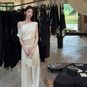 Gs.ศิลปะ ฤดูร้อนซาตินพิมพ์สีขาวเอวสูงขากว้างหลวม เชือกรูด กางเกงลําลอง