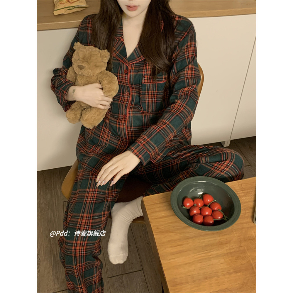 ชุดนอนผู้หญิงเกาหลี อิน ลายสก๊อตย้อนยุคฤดูใบไม้ผลิและฤดูใบไม้ร่วงขี้เกียจนักเรียนเสื้อผ้าที่บ้าน