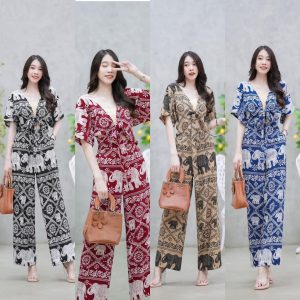ชุดเซตผูกเอวขายาว ลายช้าง ใส่หน้าร้อน ใส่เที่ยวทะเล ผ้าพริ้วๆ ผ้าใส่สบาย  พร้อมส่ง