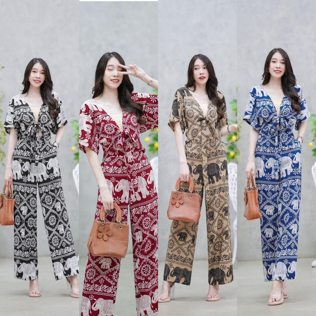 ชุดเซตผูกเอวขายาว ลายช้าง ใส่หน้าร้อน ใส่เที่ยวทะเล ผ้าพริ้วๆ ผ้าใส่สบาย  พร้อมส่ง
