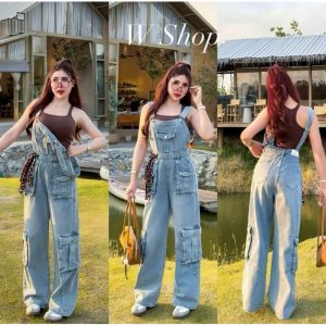 เอี้ยมยีนส์ขายาวคาร์โก้ แต่งกระเป๋าด้านหน้า ทรงขากระบอก สียีนส์