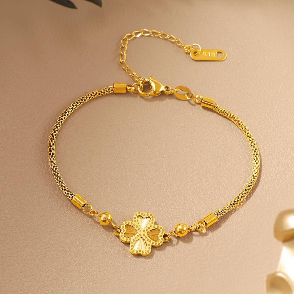 ประณีตสร้อยข้อมือไทเทเนียม Colorfast สร้อยข้อมือดอกไม้คุณภาพสูงวัสดุกันน้ํา 18K Gold ของขวัญคู่ S13H9