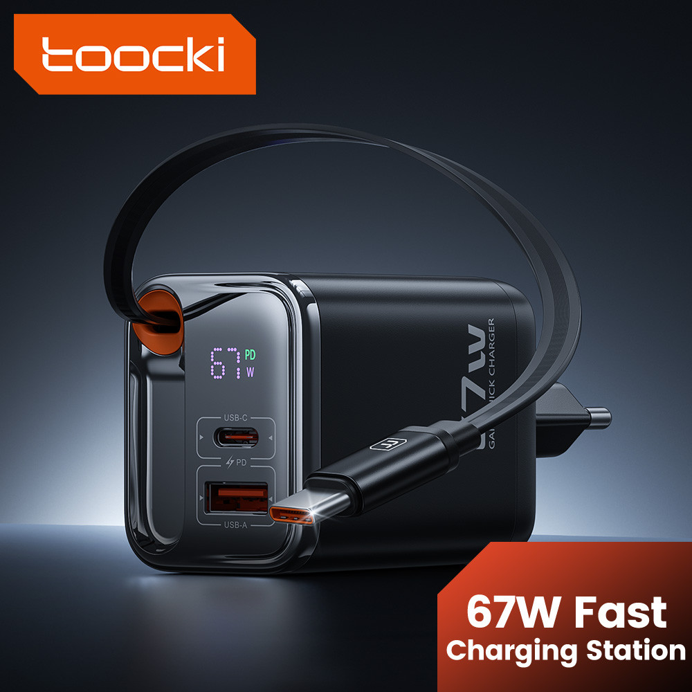Toocki 67W GaN Charger พร้อมสาย Retractable Type C 3 ใน 1 Digital Dsiplay Fast Charger USB C Charger station สําหรับ Samsung แล็ปท็อป