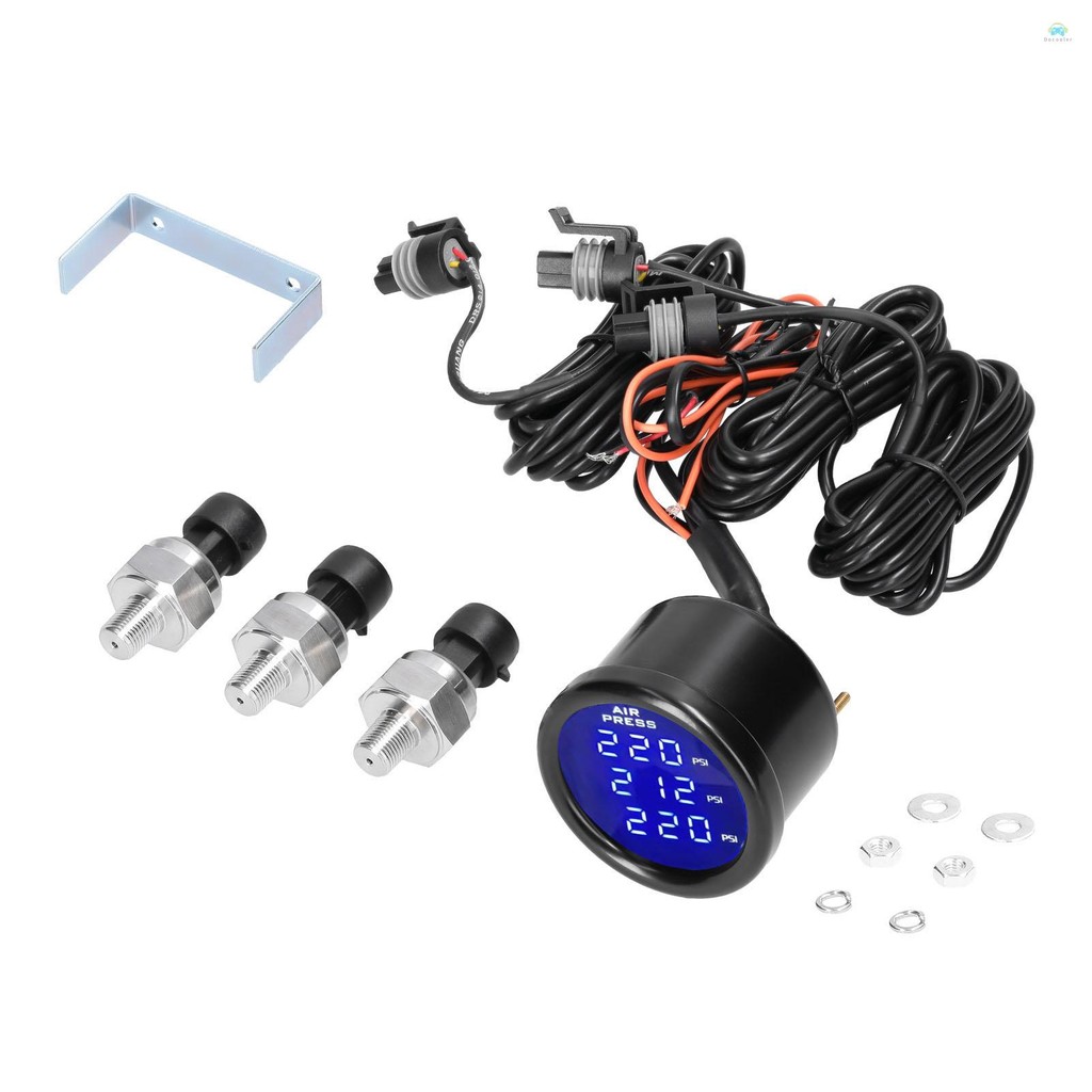 เครื่องวัดความดันอากาศท้องถิ่นจอแสดงผลสามความดันอากาศ Guage LED Digital Air Suspension Gauge 0-220PSI พร้อมเซ็นเซอร์ 1/8NPT 3 ชิ้น