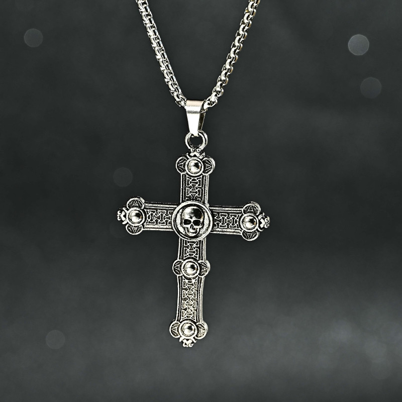 จี้ไม้กางเขนสไตล์วินเทจแบบโบราณสถาน พร้อมสร้อยคอลายเส้นตรงจากพลาตินัมผสม สวยงามทนทาน